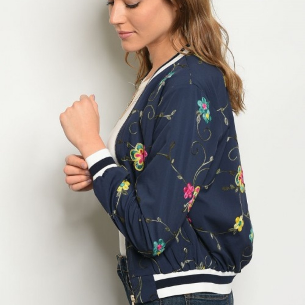 NAVY FLORAL BOMBER JACKET - Picture 4 of 4
